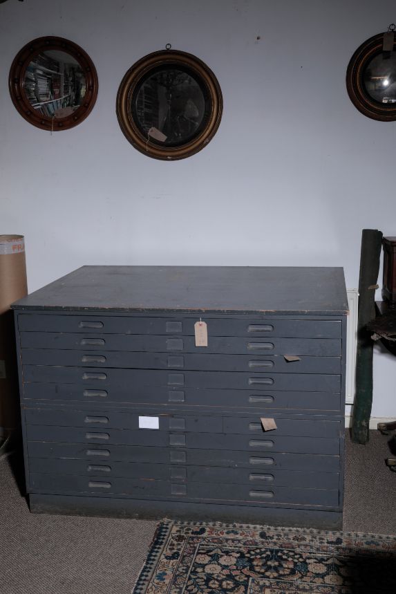 A GREY PAINTED WOOD PLAN OR PRINT CHEST,