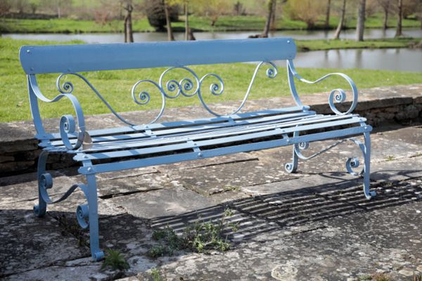 A VICTORIAN BLUE PAINTED WROUGHT IRON GARDEN BENCH,