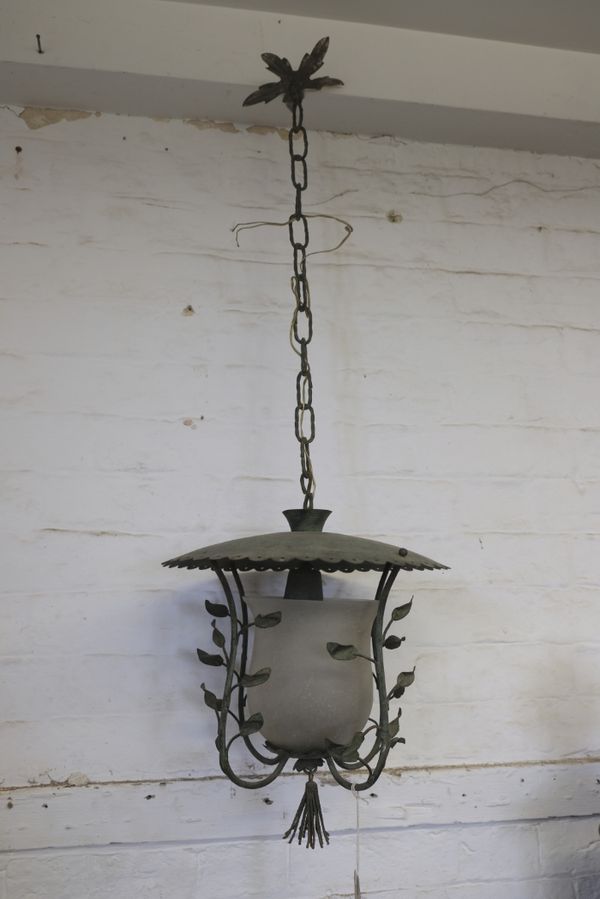 A COPPER AND GLASS HANGING LANTERN,