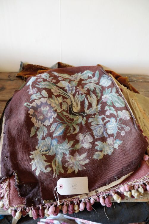 A COLLECTION OF TAPESTRY EMBROIDERED SEAT COVERS AND OTHER FABRICS,