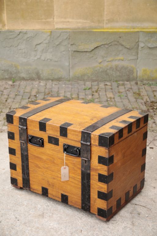 A VICTORIAN OAK AND WROUGHT IRON BOUND SILVER CHEST,