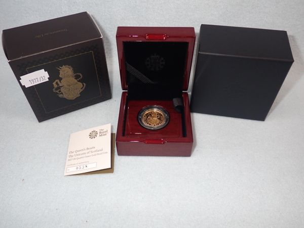 THE ROYAL MINT: 'THE QUEEN'S BEASTS THE UNICORN OF SCOTLAND' UK QUARTER OUNCE GOLD PROOF COIN