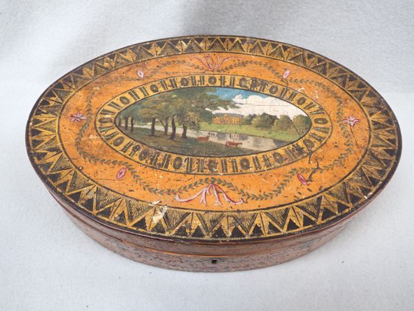 A REGENCY OVAL PAINTED WORKBOX