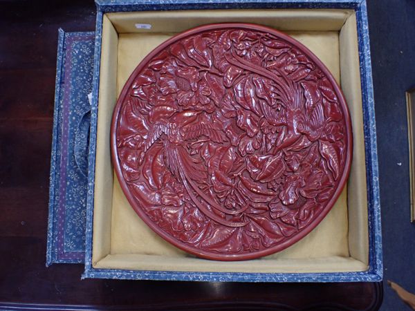 A LARGE CHINESE CINNABAR-STYLE DISH,