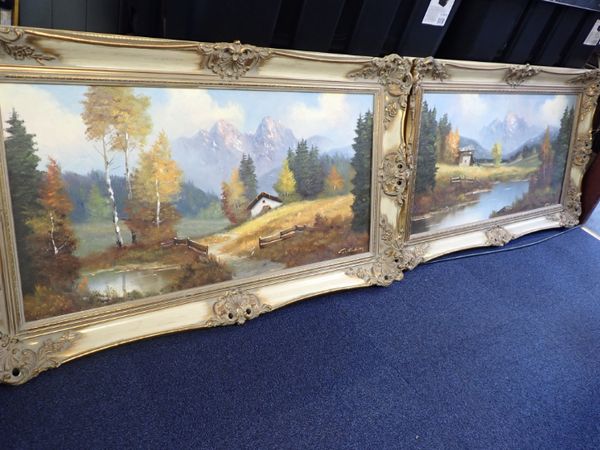 A PAIR OF LANDSCAPES, OIL ON CANVAS, GILT FRAMES