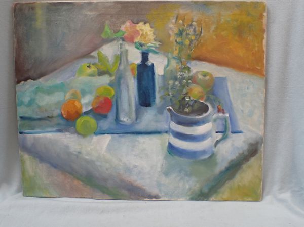 STILL LIFE, WITH STRIPY JUG, OIL ON CANVAS, UNFRAMED