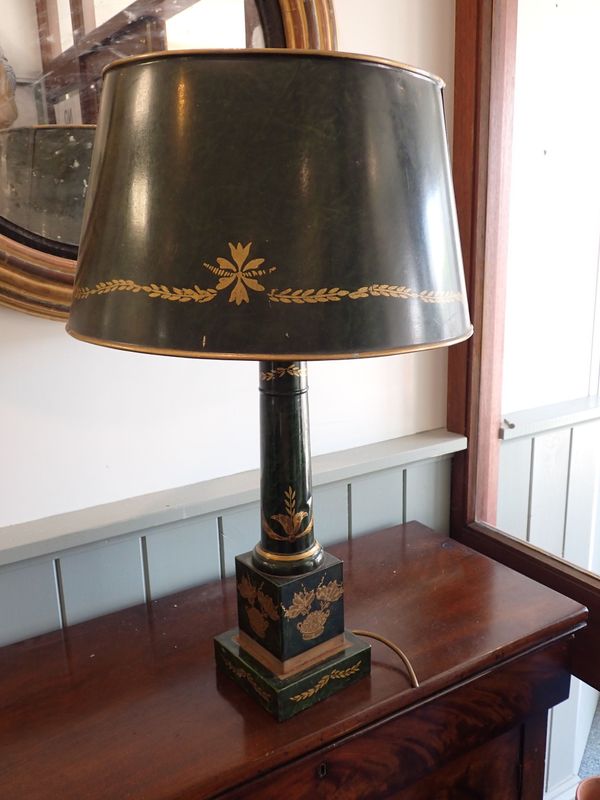 A 'TOLEWARE' LAMP AND SHADE