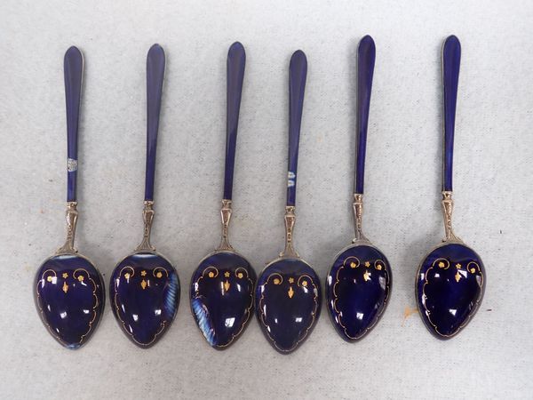 A SET OF SIX SILVER AND BLUE ENAMEL SPOONS