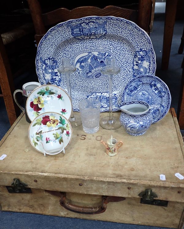 AN ADAMS BLUE AND WHITE MEAT PLATE, JUG