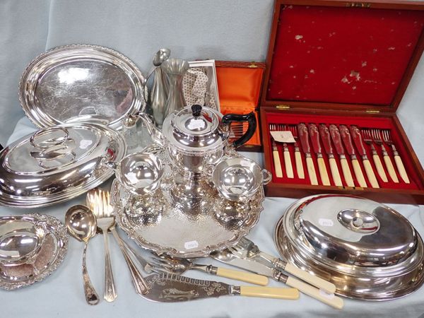 A SILVER-PLATED TEASET, A TRAY, FISH EATERS