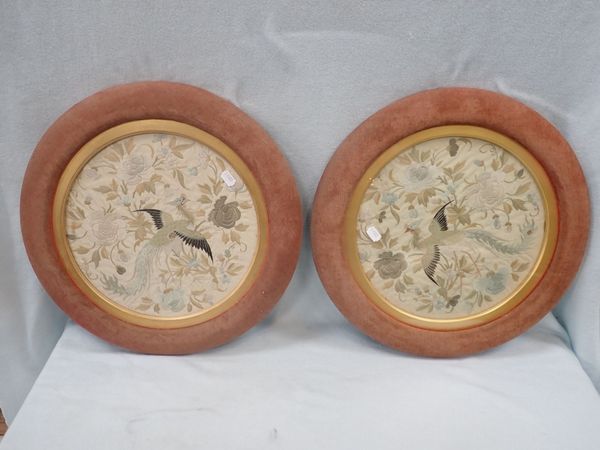 A PAIR OF 19TH CENTURY FRAMED SILK EMBROIDERIES OF BIRDS