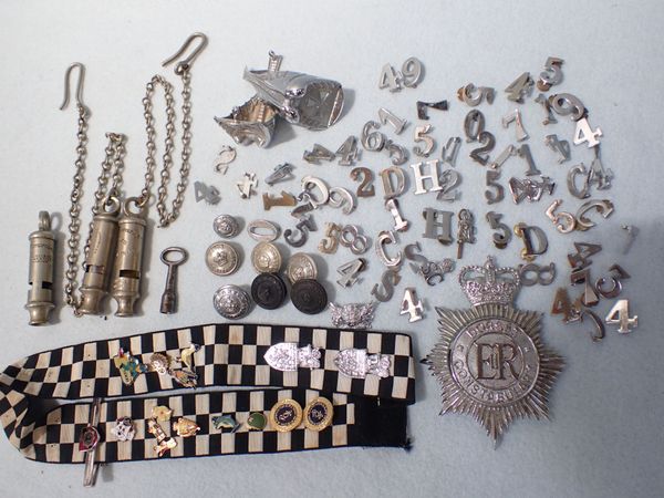 A COLLECTION OF POLICE WHISTLES, BUTTONS