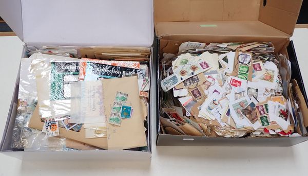 TWO BOXES OF MIXED LOOSE UK AND WORLD STAMPS