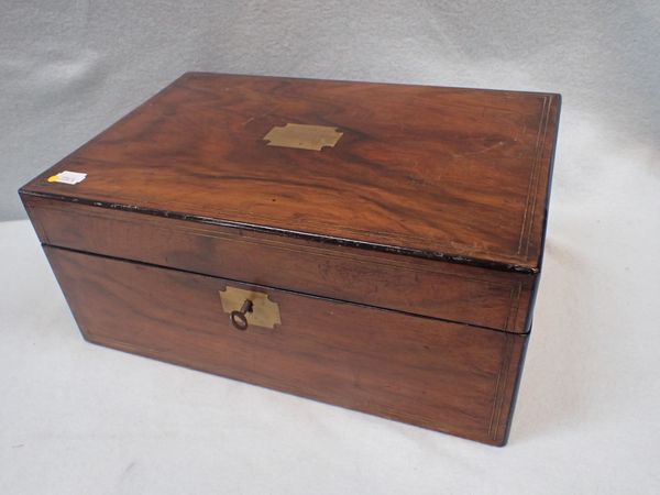 A VICTORIAN WALNUT AND BRASS INLAID WRITING SLOPE