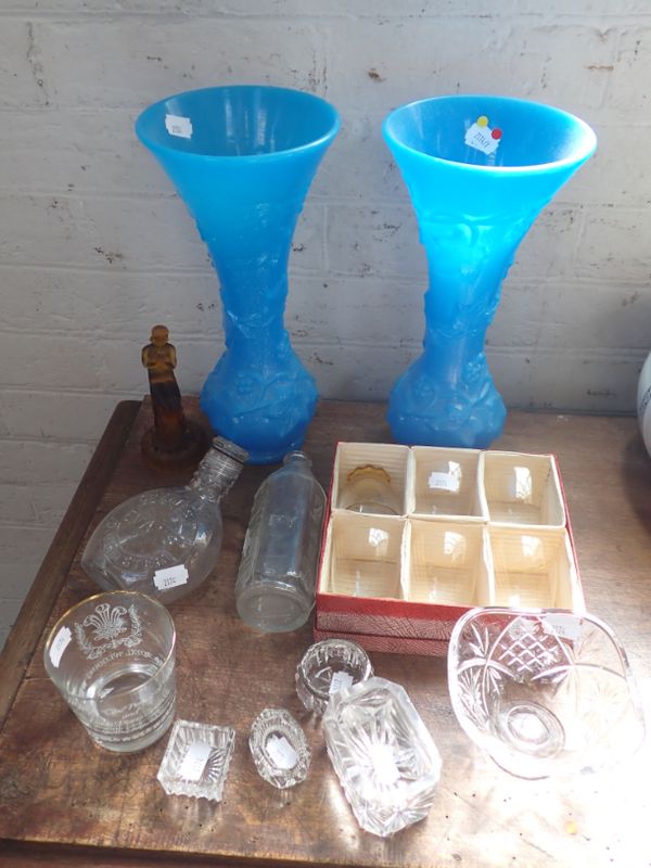 A PAIR OF VICTORIAN BLUE GLASS VASES