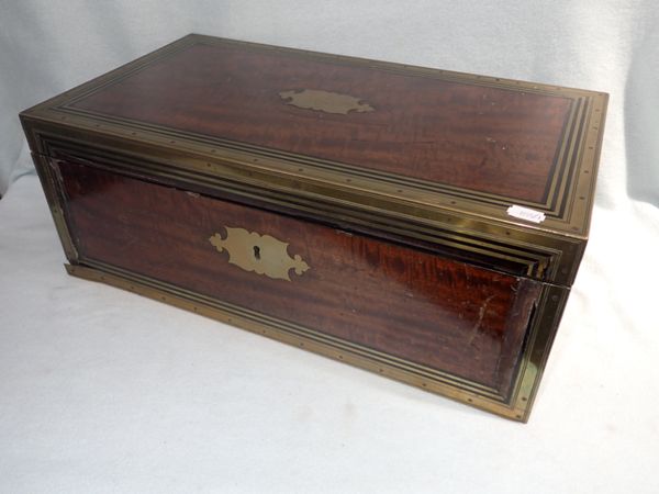 A LARGE EARLY 19TH CENTURY MAHOGANY AND BRASS BOUND CAMPAIGN WRITING SLOPE