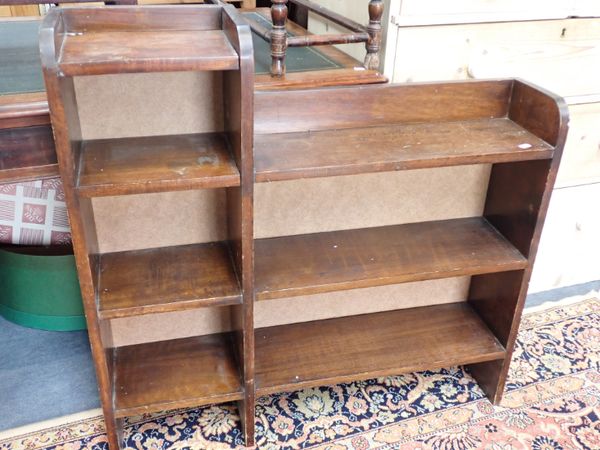 A SET OF 1960/70S STAINED HARDWOOD OPEN SHELVES,