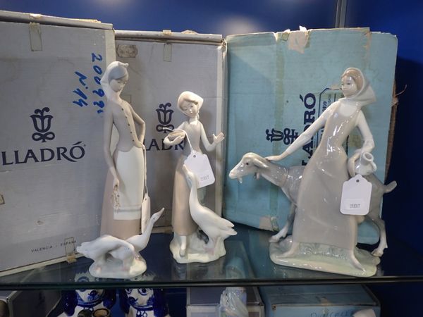 LLADRO; 'NINA PASTORA C CANTARO', 'MAIZ PARA LA OCA' AND 'PASTORA CON OCAS'