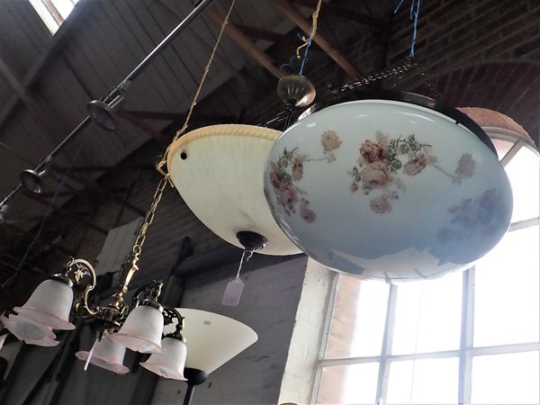 A 1920S GLASS HANGING LIGHT BOWL, WITH BRASS FRAME