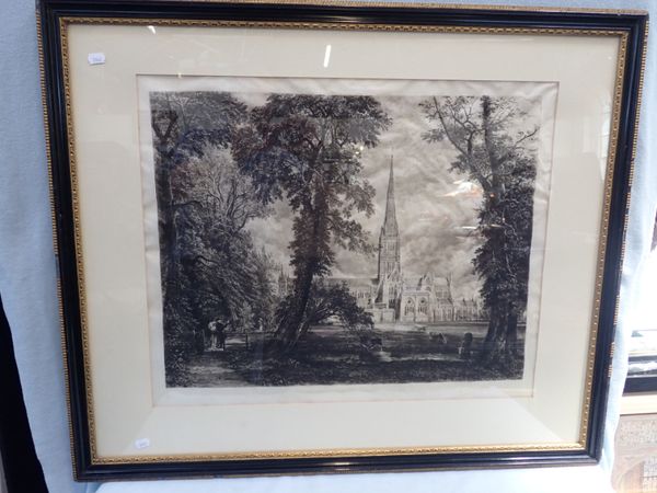 A LARGE LATE 19TH CENTURY ETCHING OF SALISBURY CATHEDRAL