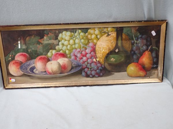 A. DUDLEY: STILL LIFE WITH BOTTLE AND FRUIT ON BLUE AND WHITE PLATE