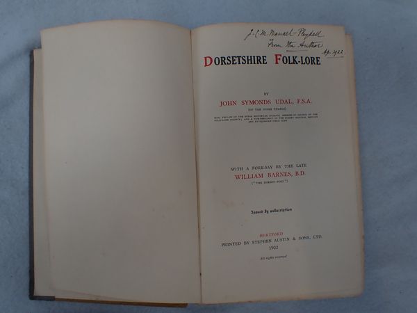 JOHN SYMONDS UDAL: 'DORSET FOLK-LORE', AUSTIN & SONS 1922