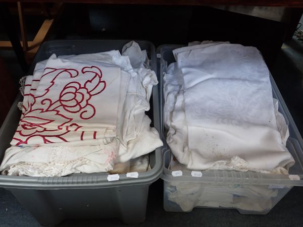 TWO BOXES OF VINTAGE LINEN AND TABLECLOTHS