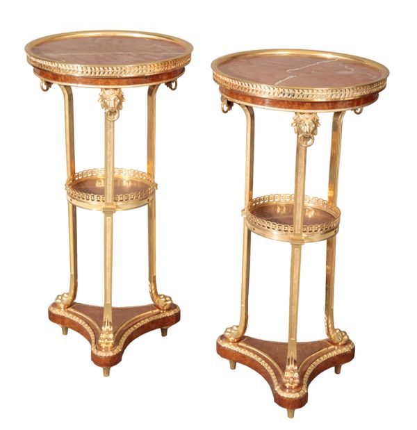 A PAIR OF ROUGE MARBLE, BURR WALNUT AND GILT BRONZE MOUNTED GUERIDONS IN LOUIS XVI STYLE,