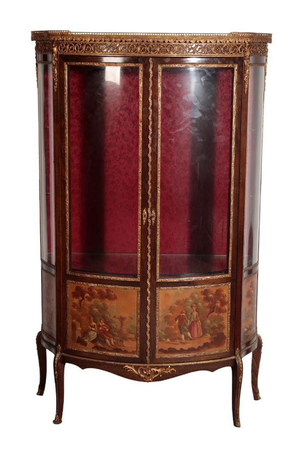 A GLAZED AND GILT METAL MOUNTED WOOD BOWFRONT VITRINE IN 18TH CENTURY TASTE,