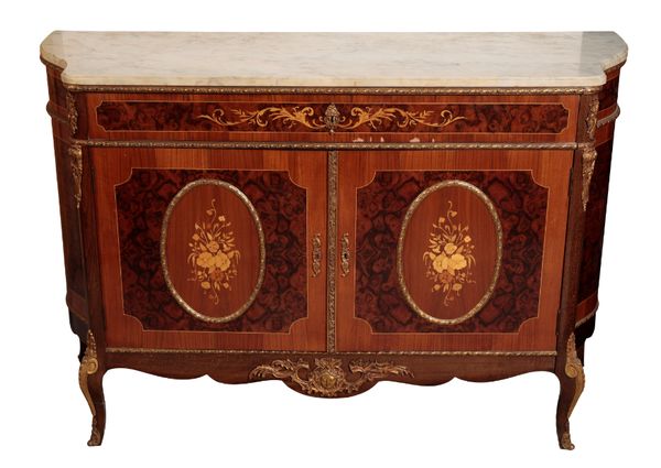 A MARQUETRY, GILT METAL AND MARBLE MOUNTED COMMODE IN LOUIS XV TASTE,