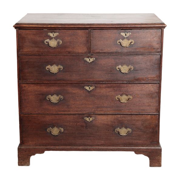 A LATE GEORGE II OR GEORGE III OAK CHEST OF DRAWERS,