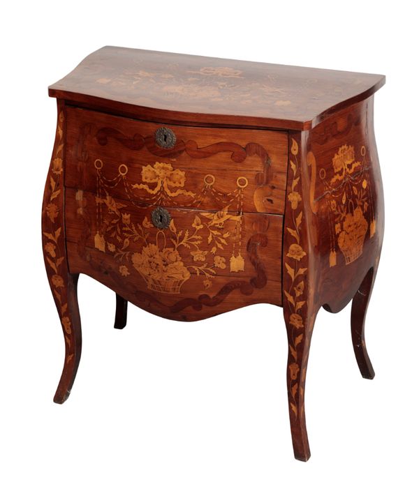 A DUTCH WALNUT AND MARQUETRY BOMBE COMMODE,