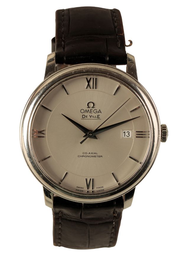 AN OMEGA DEVILLE GENTLEMANS STAINLESS STEEL WRISTWATCH