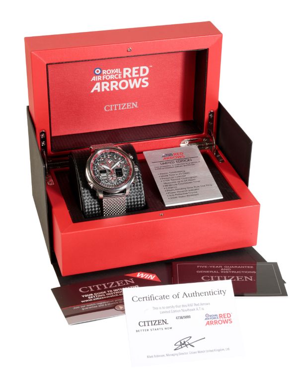 A CITIZEN ROYAL AIR FORCE RED ARROWS LIMITED EDITION NAVIHAWK GENTLEMAN'S STAINLESS STEEL BRACELET WATCH