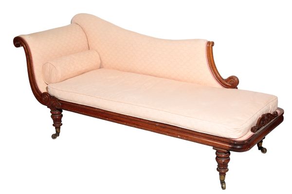 A GEORGE IV OR WILLIAM IV ROSEWOOD AND UPHOLSTERED CHAISE LONGUE,