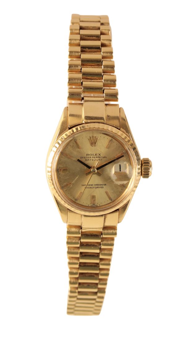 A ROLEX OYSTER PERPETUAL DATEJUST 18CT GOLD LADY'S BRACELET WATCH