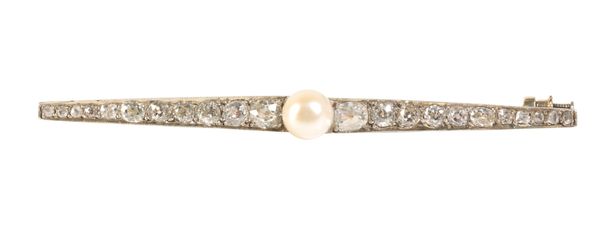 A DIAMOND AND CULTURED PEARL BAR BROOCH