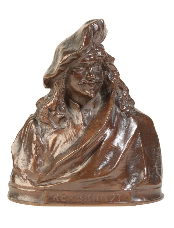 A CONTINENTAL BRONZE SCHOLAR'S BUST OF REMBRANDT,