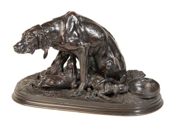 PIERRE-JULES MENE, (1810-1879), A BRONZE GROUP OF A HOUND WITH THREE PUPS,