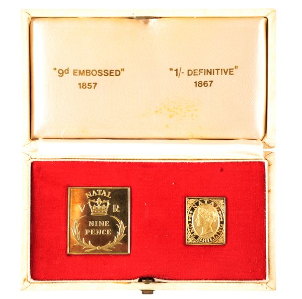 18CT GOLD NINE PENCE 1857 AND ONE SHILLING 1867 STAMP SET