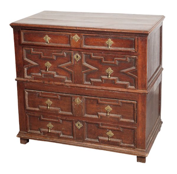 A JACOBEAN OAK CHEST OF DRAWERS,
