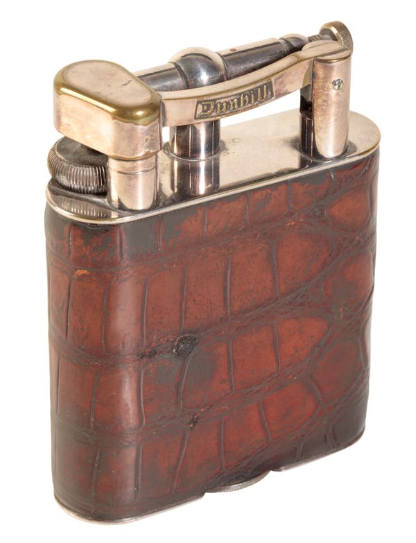 A DUNHILL SILVER PLATED & BROWN CROCODILE SKIN TABLE LIGHTER