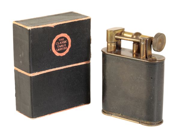 A BRASS & BLACK  LEATHER CLASSIC  TABLE LIGHTER