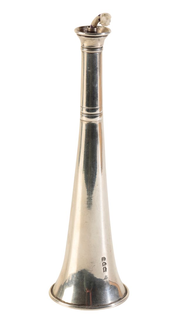 A SILVER TABLE LIGHTER IN THE FORM OF A HUNTING HORN