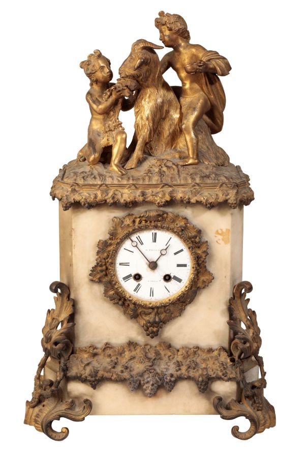 A 19TH CENTURY FRENCH MARBLE AND BRASS FIGURAL MANTLE CLOCK