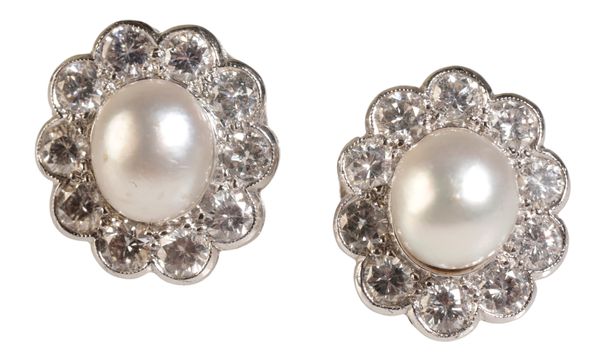 A PAIR OF DIAMOND AND CULTURED PEARL CLUSTER EARRINGS