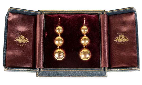 A PAIR OF VICTORIAN ROLLED GOLD BALL CHANDELIER EARRINGS