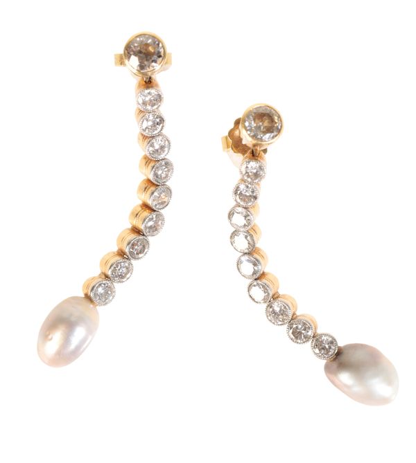 A PAIR OF NATURAL PEARL AND DIAMOND DROP EARRINGS
