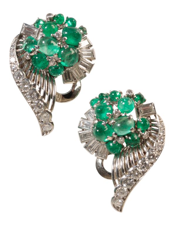 A PAIR OF 1950S CABOCHON EMERALD AND DIAMOND EARRINGS