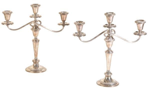 A PAIR OF SILVER THREE LIGHT CANDLEABRA